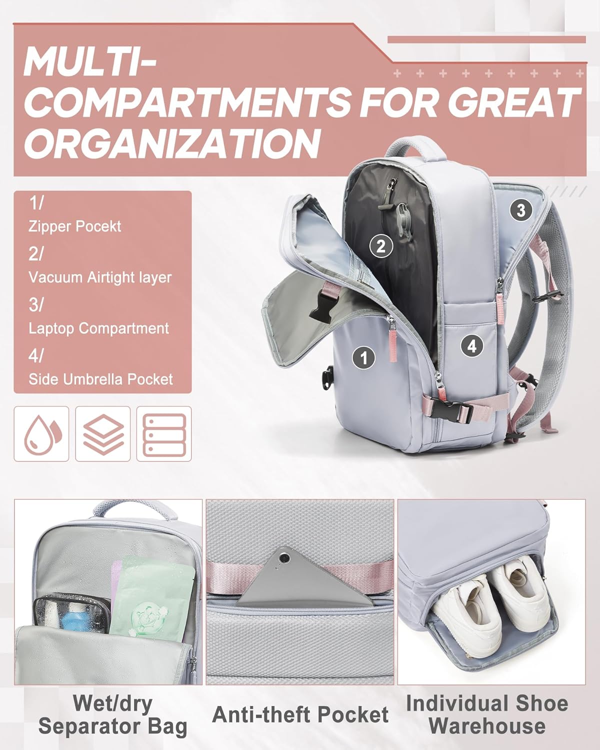 suwasp Vacuum Compression Backpack, 45L Expandable Travel Backpack with Electric Vacpack Pump, Travel Vacuum Bags with Shoe Compartment/17inch Laptop Compartment/USB Port, Grey