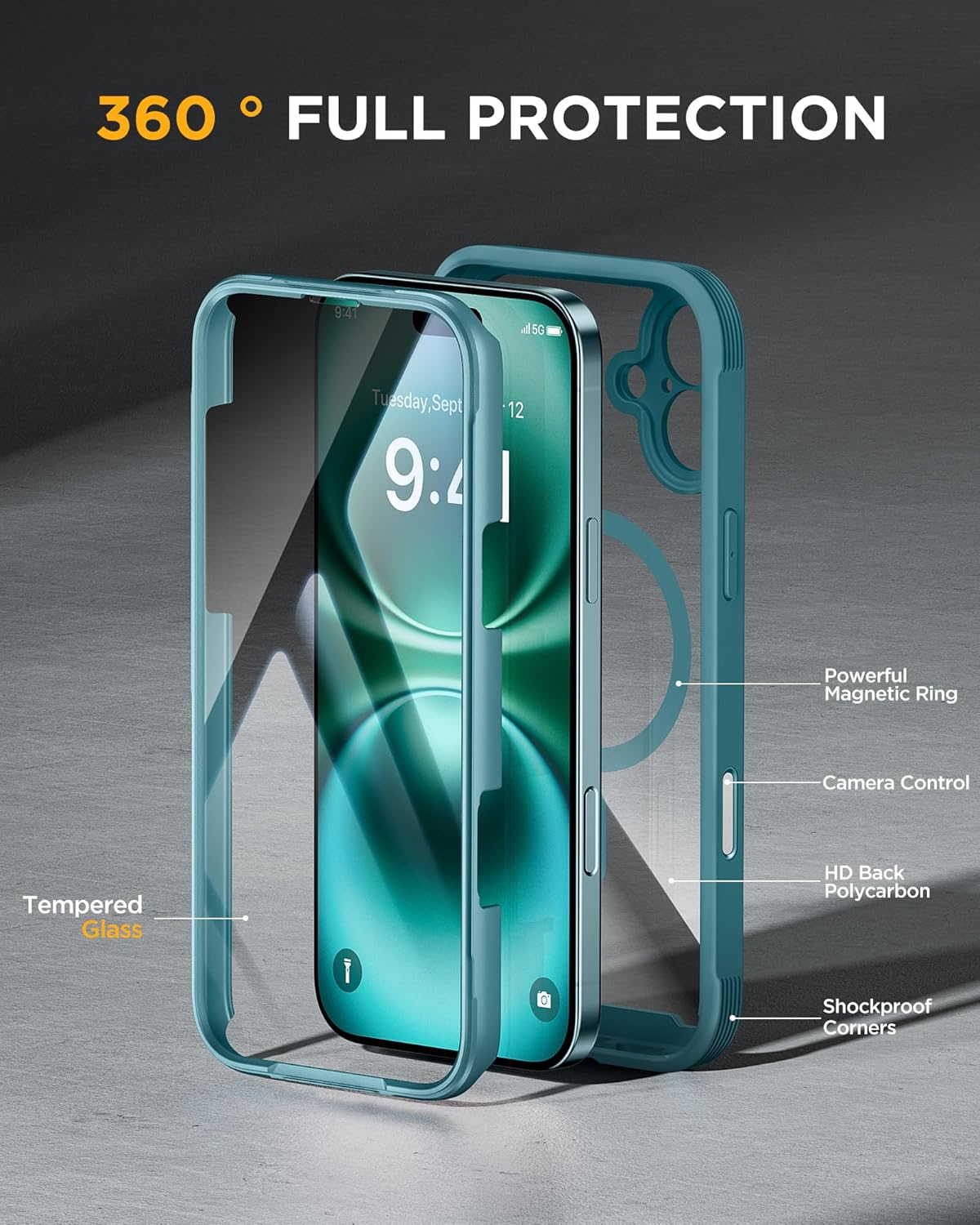 Miracase for iPhone 16 Case 6.1'', [Bubble Free] Full-Body Bumper Phone case with Built-in Full Glass Screen &Lens Protector,No Gap,Compatible with MagSafe,Drop Proof 16 Cover,Green