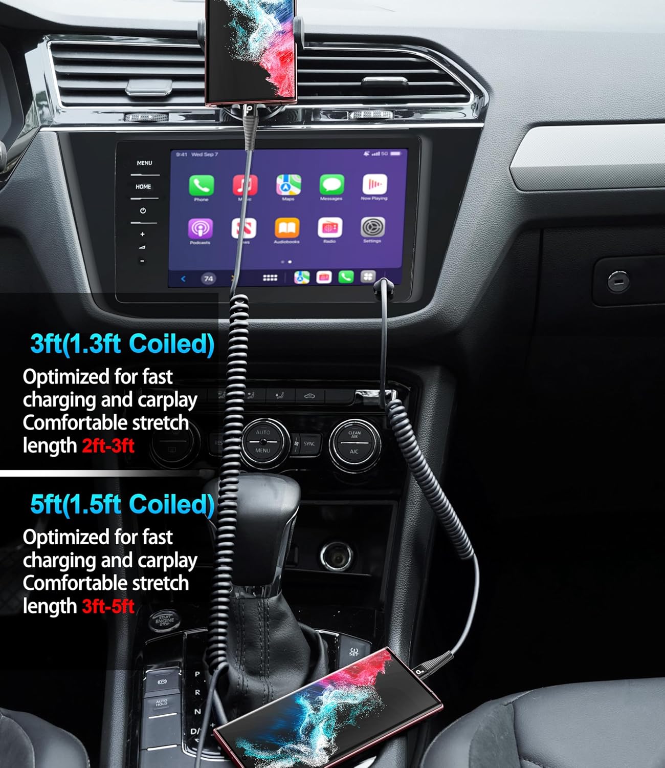 PRAKIE Coiled USB C Cable Fast Charging for Car 3FT/5FT, USB A to USB C Cable, Type C Charge Cord USB-C Charging Cable Compatible with iPhone 17/16/15/Samsung Galaxy S20 and More USB C Devices-Black