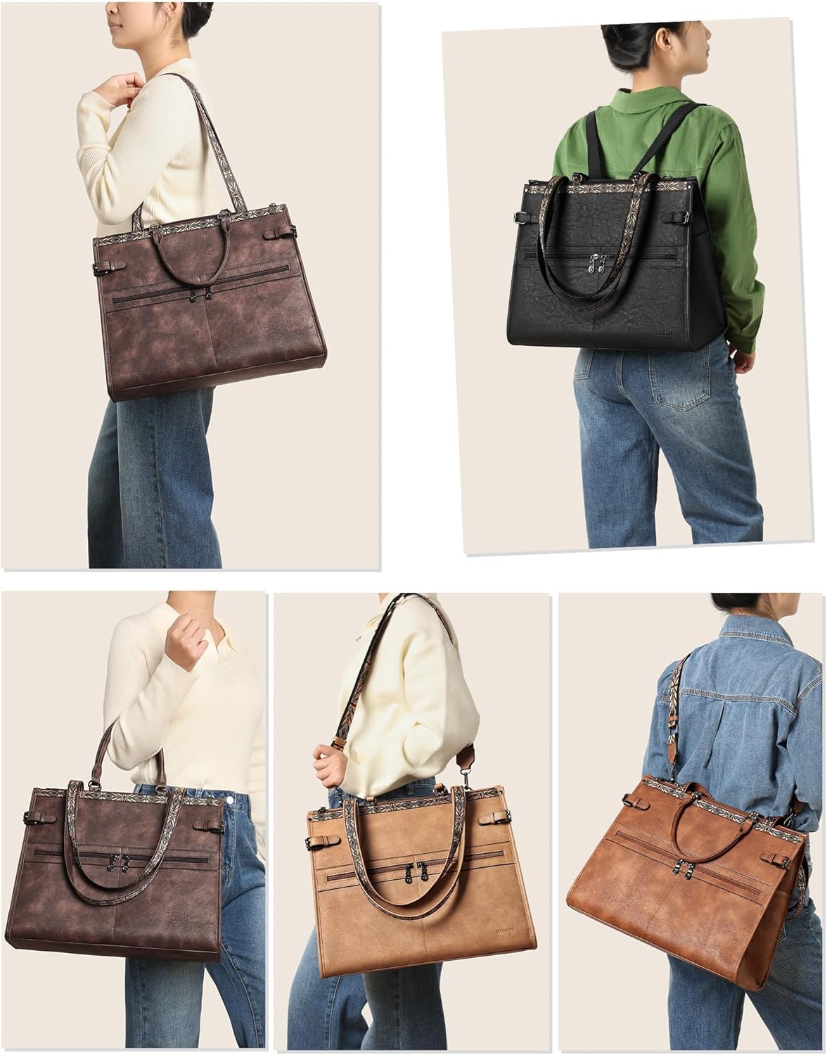 FADEON Laptop Bag for Women Designer PU Leather Large Tote Bags Backpack Purses with 15.6 Laptop Compartment Shoulder Handbag
