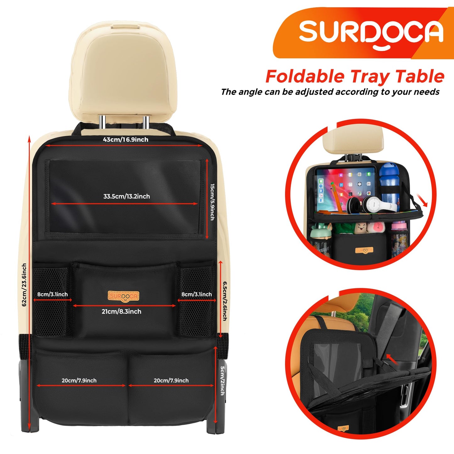 SURDOCA Backseat Car Organizer with Foldable Tray for Kids & Adults – NEW MODEL Seat Storage with