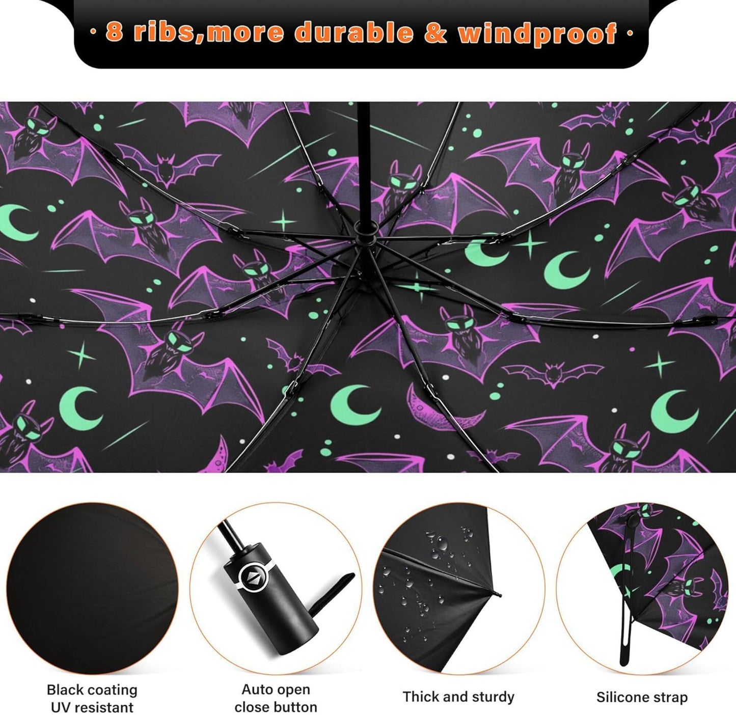 Automatic Folding Umbrella Windproof Strong, UV Protection Compact Black Gothic Moon Spider Webs and Bats Sun Rain Sun Rain Travel Umbrellas for Women Men