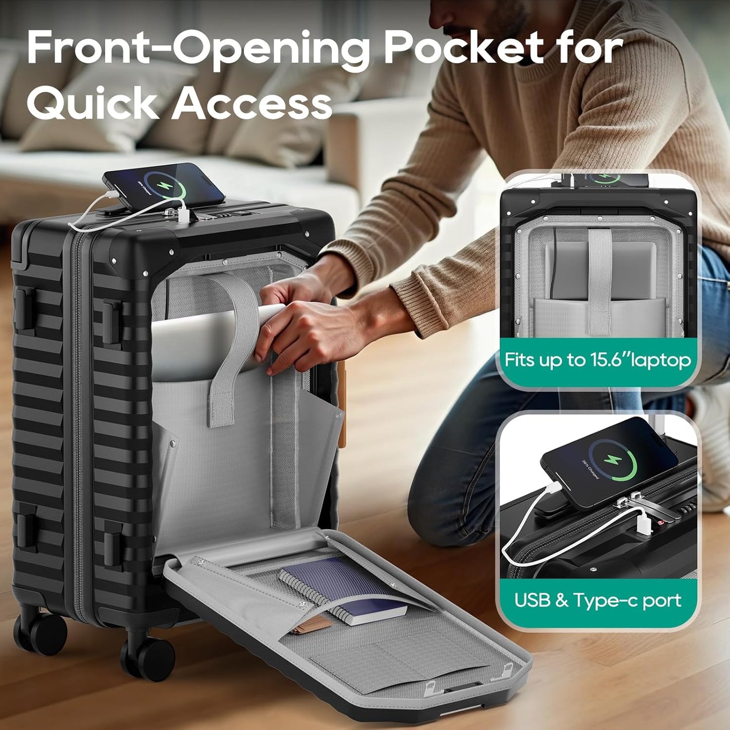 Joyway 20 Inch Carry on Luggage with Front Pocket, PC Hardshell Carry-on Suitcase with USB Port and
