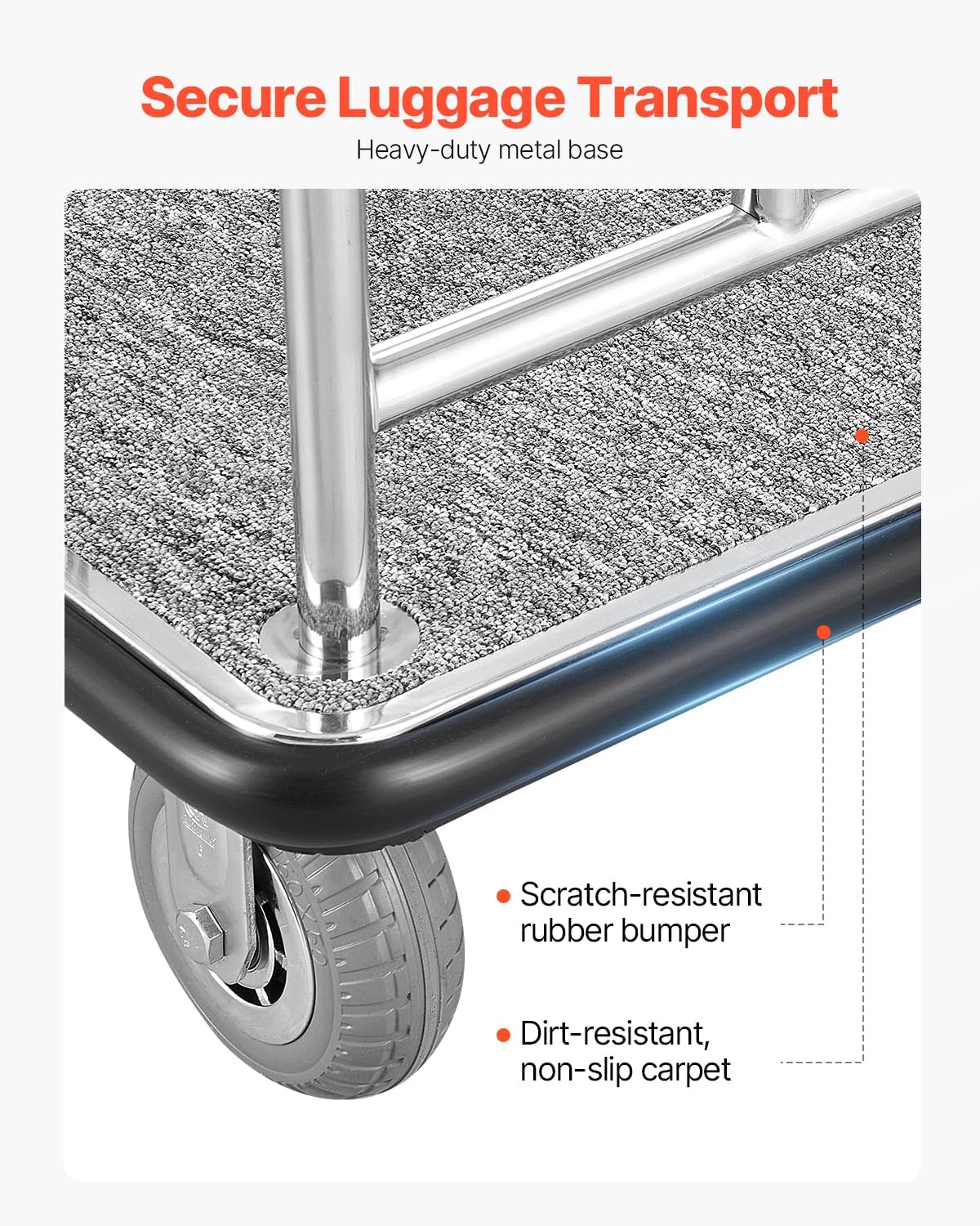 VEVOR Hotel Luggage, 800 LBS Load Capacity, Brushed Stainless Steel Finish Bellman's Cart, Valet Cart with Grey Carpeted Deck and 6-inch Rubber Wheels, Ideal for Hotels, Condos, Resorts, Silver