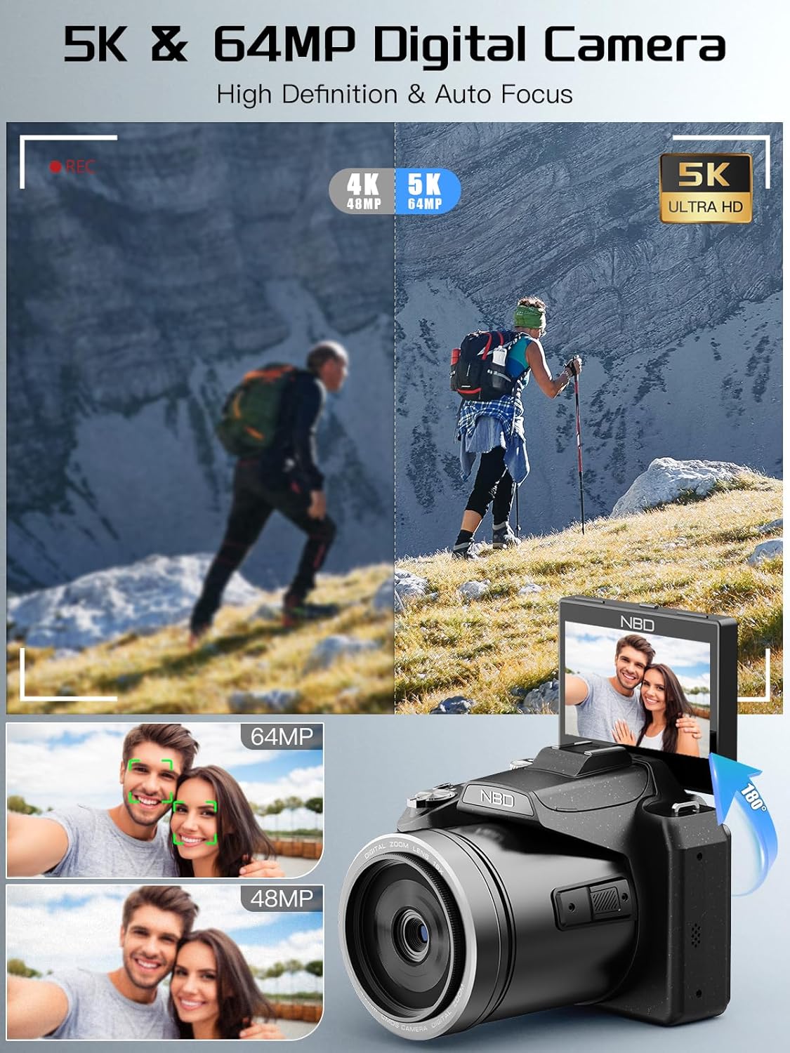 5K Digital Camera, 64MP Cameras for Photography & Video, Vlogging Camera for YouTube with 3” Flip Screen,16X Digital Zoom, WiFi & Autofocus,2 Batteries, 32GB TF Card