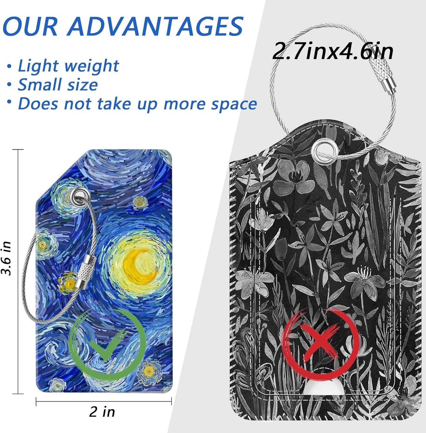 2 Luggage Tags, (1" Smaller Than Traditional) Perfect for Quick Luggage Identification with Stainless Steel Ring and Address Card for Travel and Luggage (Moon)