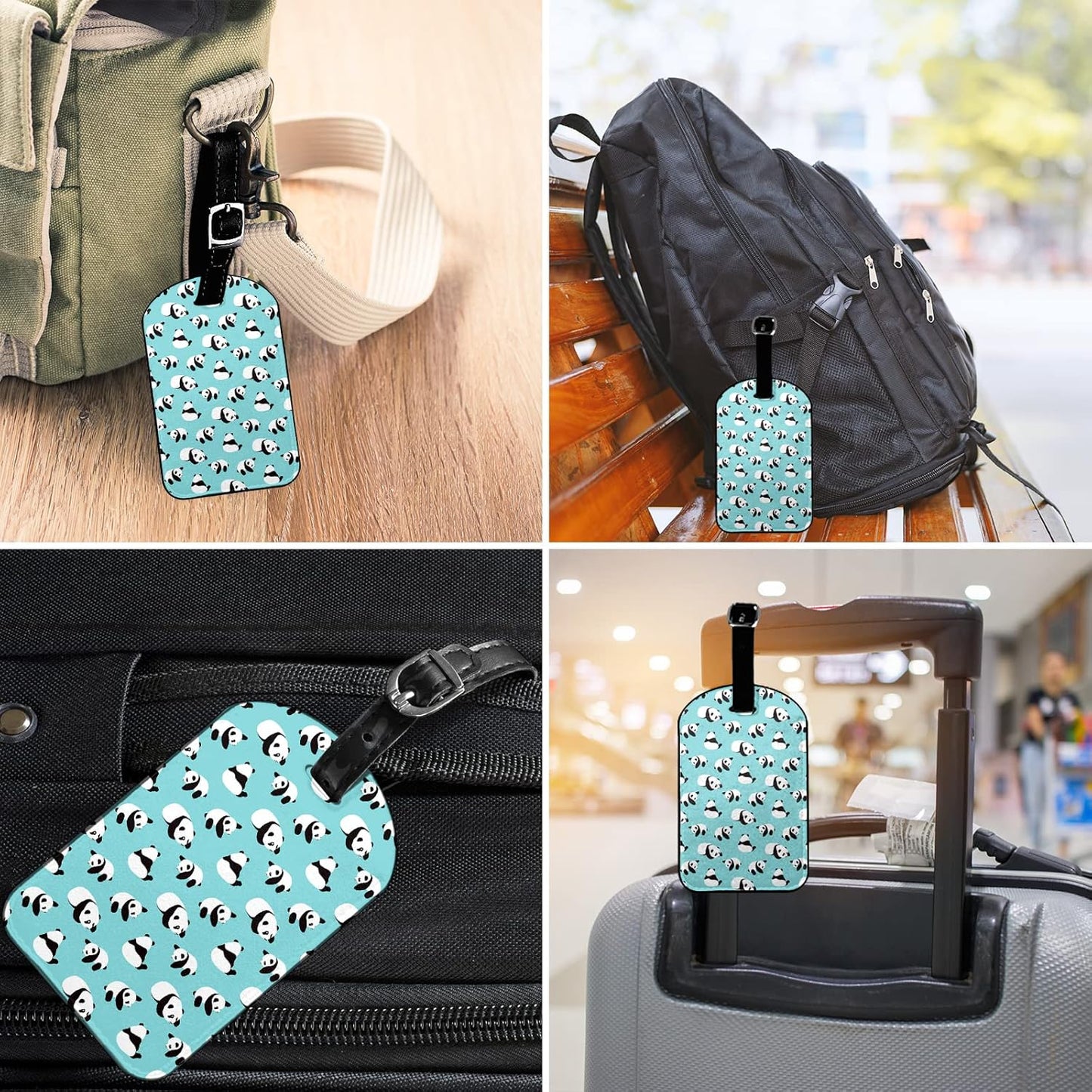 Cute Panda Suitcase ID Tag Identifiers Cartoon Black White Furry Animal Leather Luggage Tags Travel Bag Tag Fully Bendable Baggage Labels, 1 Pack Blue