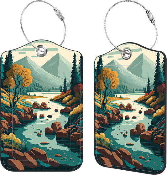 2 Pcs Luggage Tags for Suitcases, Forest River Mountain Leather Bag Tags for Luggage Privacy Cover Name ID Label with Stainless Steel Loop Cruise Airport Travel Essentials