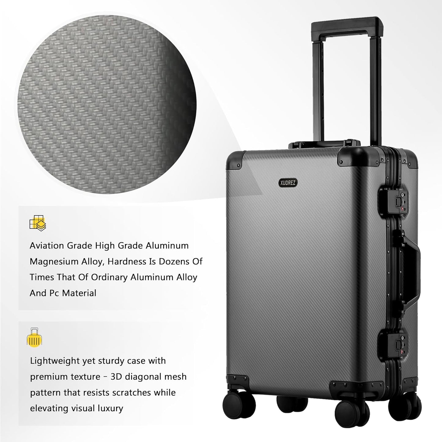 YYW Aluminum Carry-On Luggage Airline Approved Lightweight Suitcase with TSA Lock and Silent Wheels, Hardshell Spinner Business Travel (gray, 20in)
