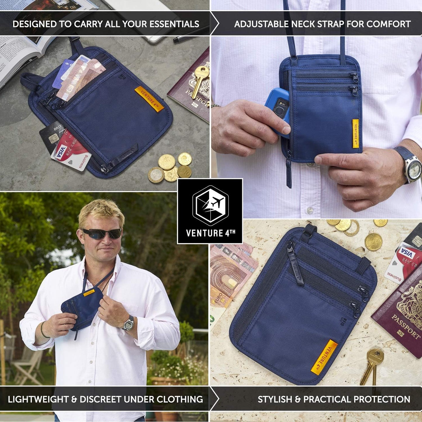 VENTURE 4TH Slim Passport Holder Neck Pouch with RFID Blocking Travel Neck Wallet and a Nylon Lining (Navy)