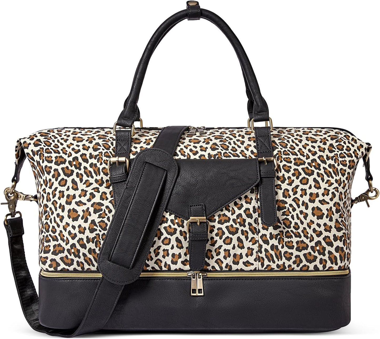 CLUCI Weekender Bag for Women Canvas Large Overnight Travel Duffel Bag with Shoe Compartment Leopard Pattern with Black