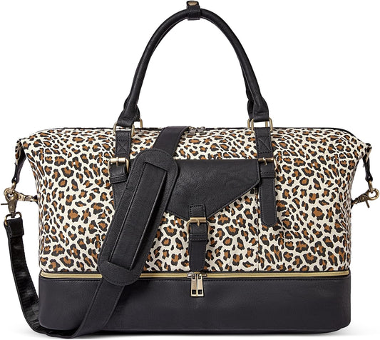 CLUCI Weekender Bag for Women Canvas Large Overnight Travel Duffel Bag with Shoe Compartment Leopard Pattern with Black