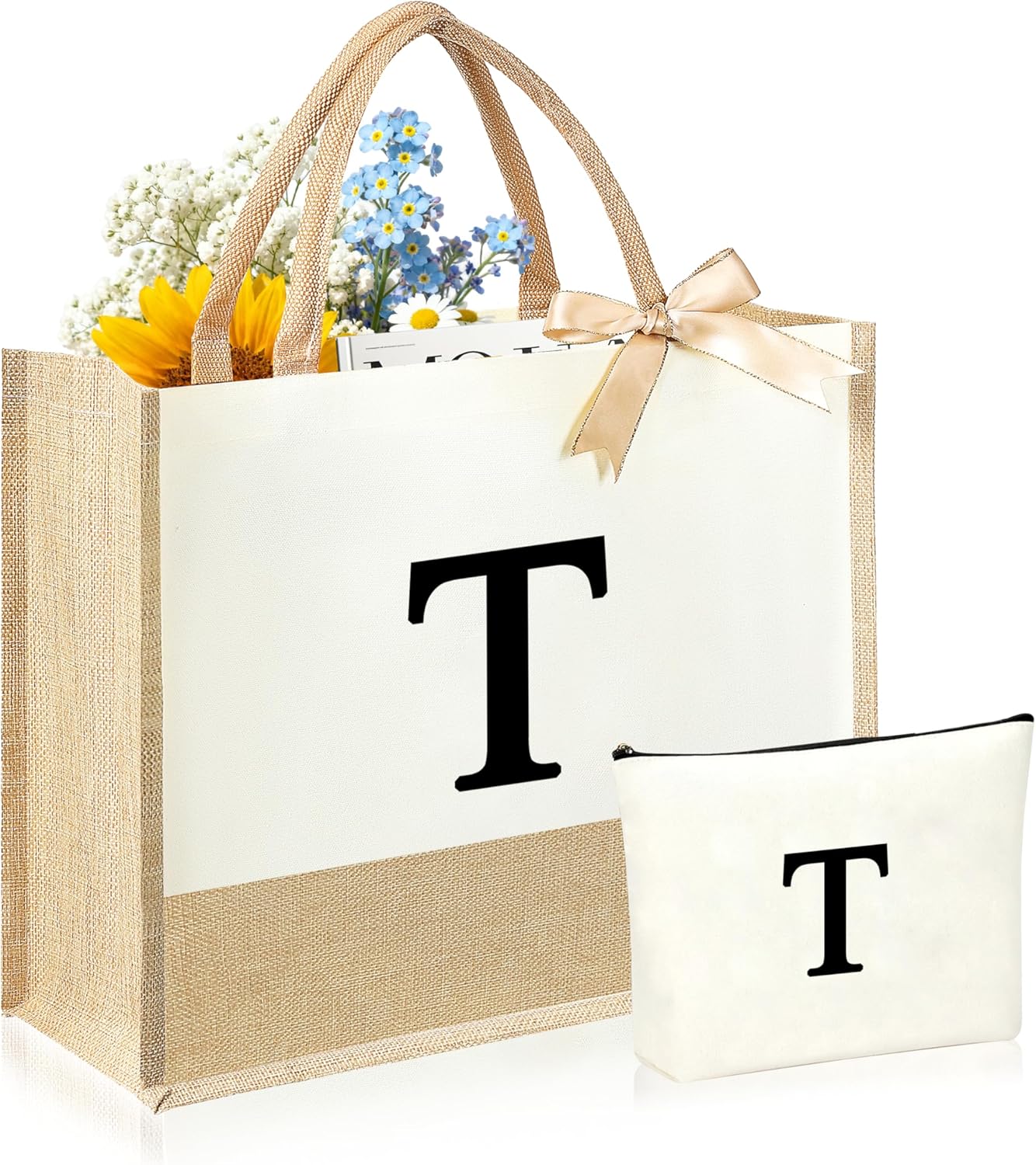 Initial Canvas Tote Bag & Makeup Bag for Women Teacher Bridesmaids，Personalized Present for Wedding, Birthday, Beach
