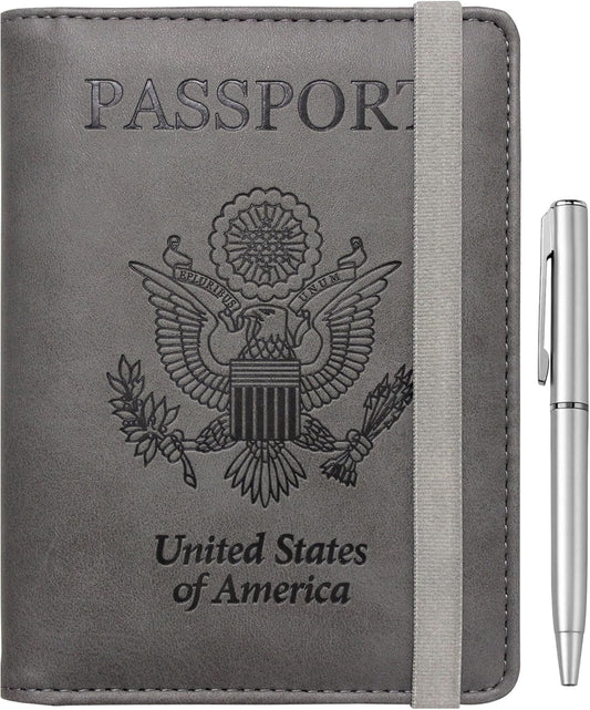 WALNEW Passport Holder for Travel, RFID Passport Cover Wallet for Women Men, PU Leather Passport Book Card Holder Case with Pen, Travelling Essentials for Flying