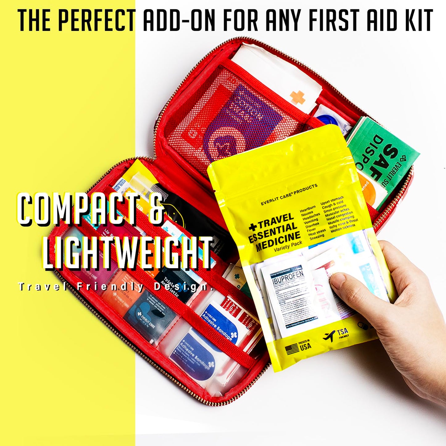 EVERLIT CARE Travel Essential Medicine First Aid Kit I Bonus Medical Supplies I TSA Compliant Mini