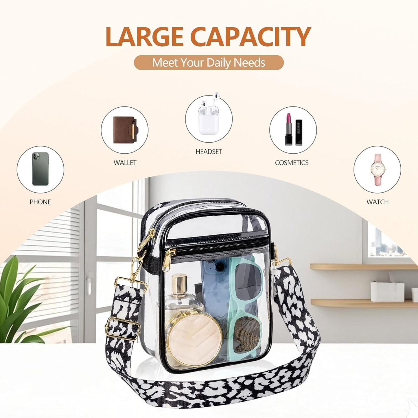 Clear Bag for Stadium Events, Clear Purse with Removable Strap, Messenger Bag for Concert Work Sports and Fetivals