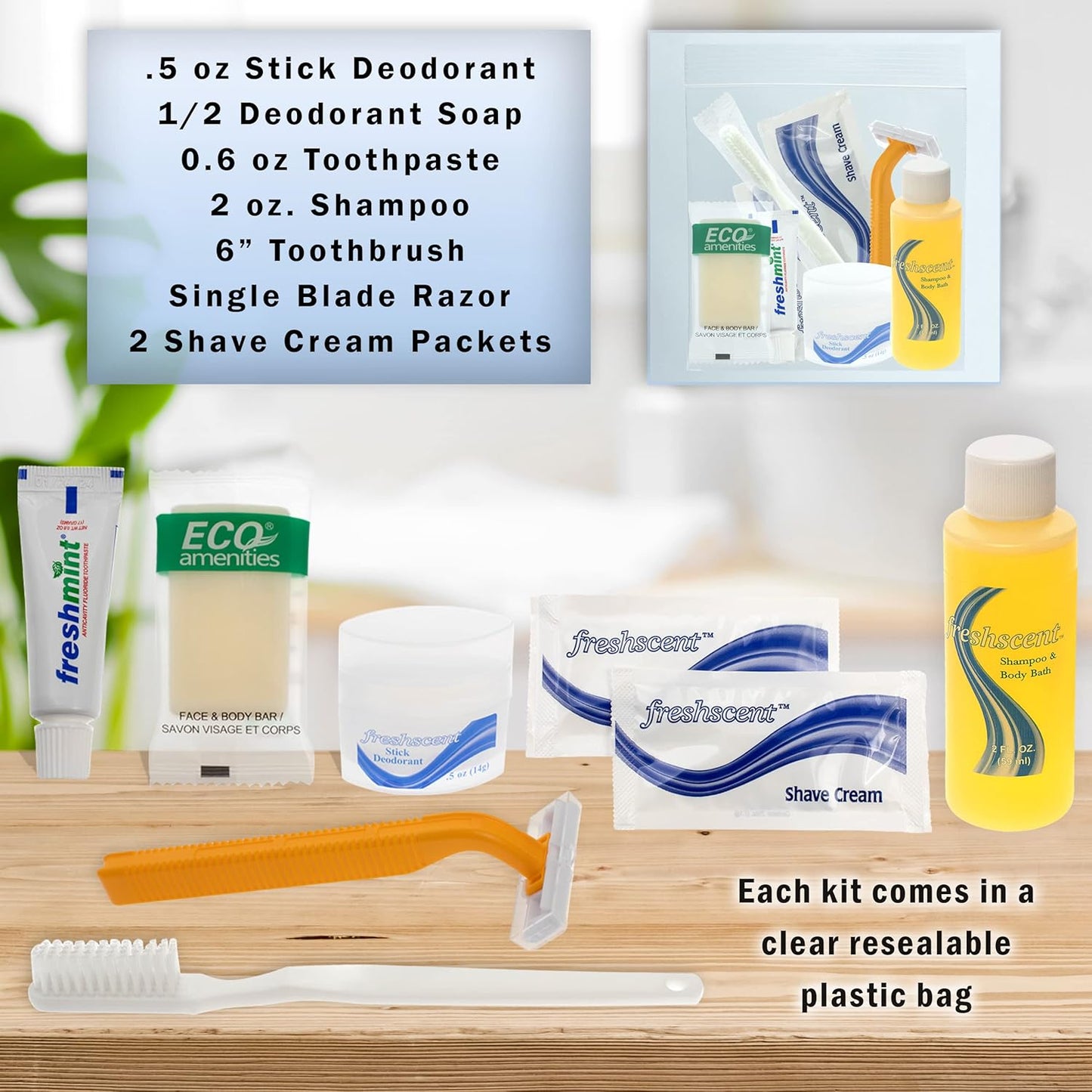 Moda West 24 Kits - Bulk Case of Wholesale Adult Basic Toiletries for Men, Women, Travel, Charity, Homeless Shelters, Cotton/Polyester Blend, Shampoo, Deodorant, Toothpaste, 24 Pre-Packaged Kits