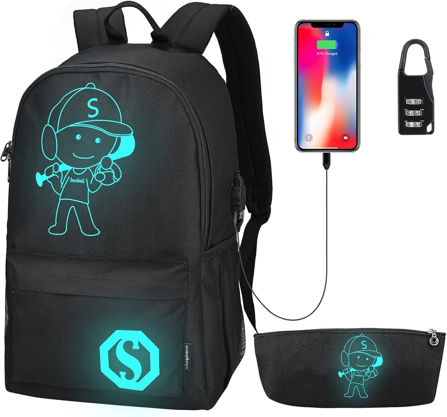 Kids Backpacks for Boys, Elementary School College Bookbag Lightweight Laptop Bag Baseball Anime Luminous Backpack with USB Charging Port, Anti Theft Lock and Pencil Case, Black