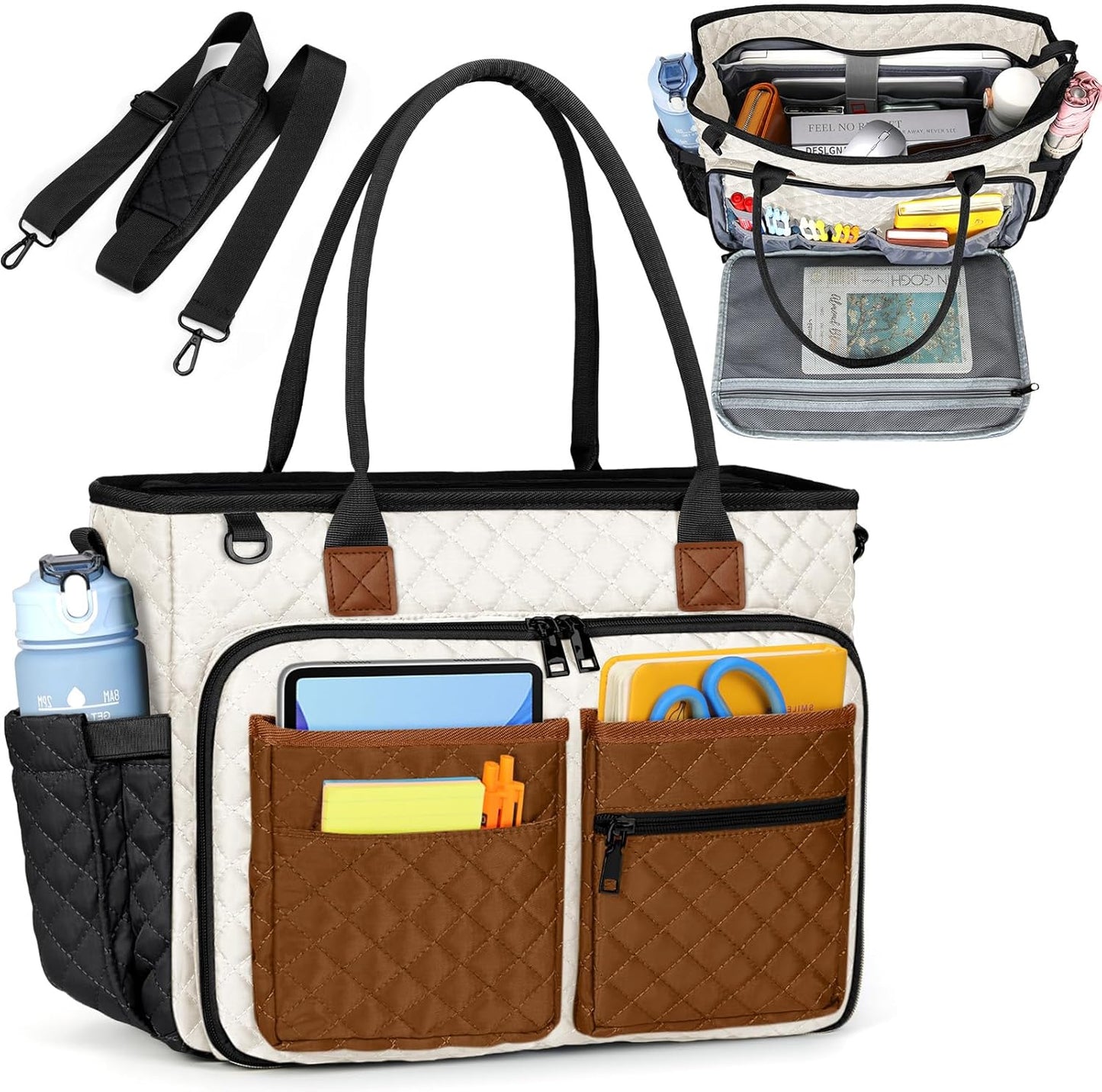 RAINSMORE Teacher Tote Bag 15.6 inch Laptop Bag for Women Work Bags Laptop Tote Nurse Bag Professional Computer Messenger with Insulated Pocket, Laptop Briefcase for Office, College,Black-white-brown