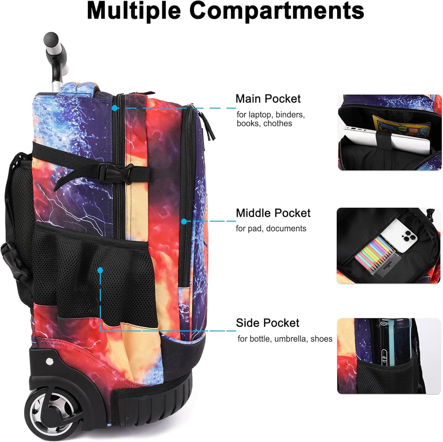 Tilami Rolling Backpack 19 inch with Lunchbox Wheeled Laptop Backpack, Basketball