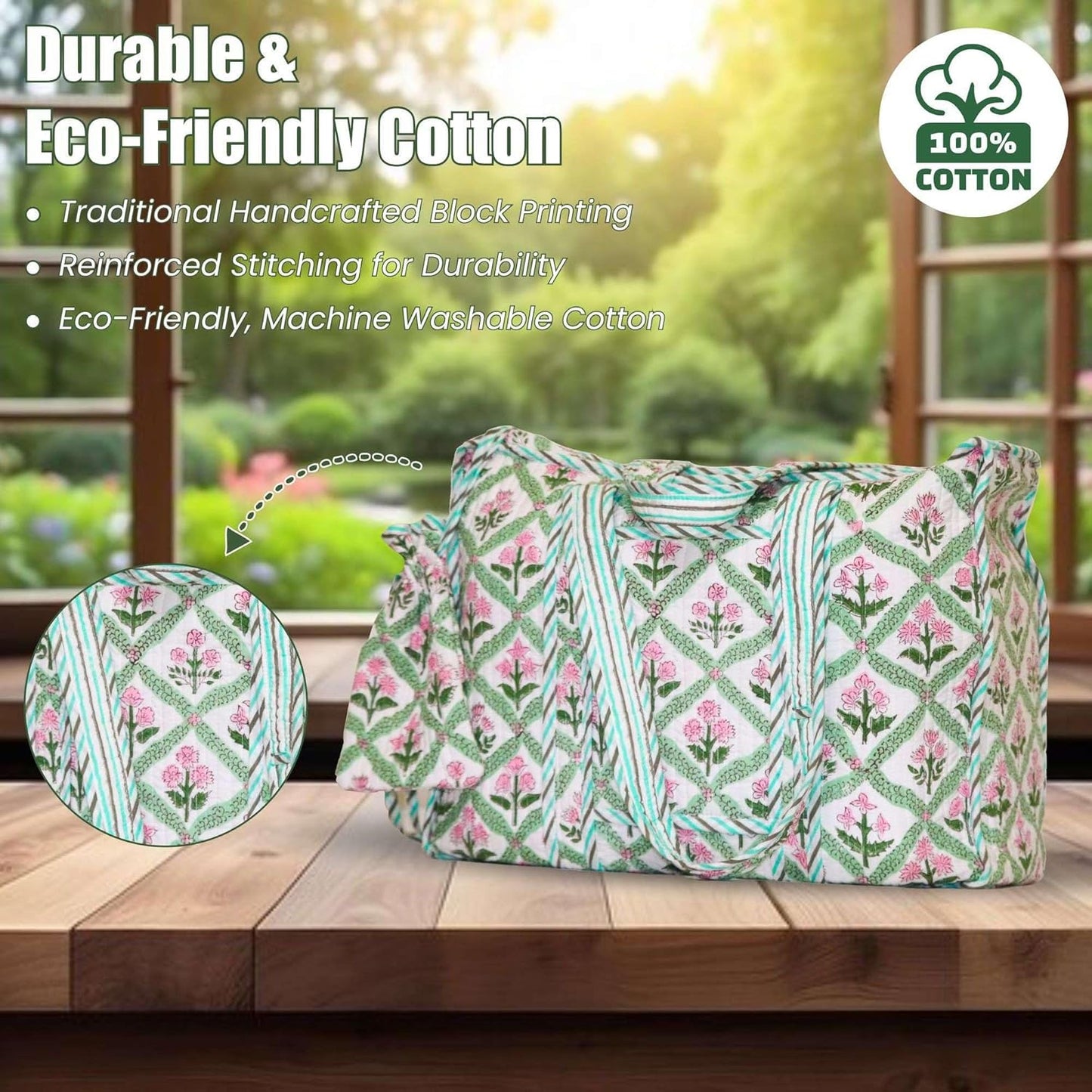 Floral Cotton Tote Bag for Women – Large Reusable Shoulder Bag for Shopping, Grocery, Beach, Travel & Everyday Use