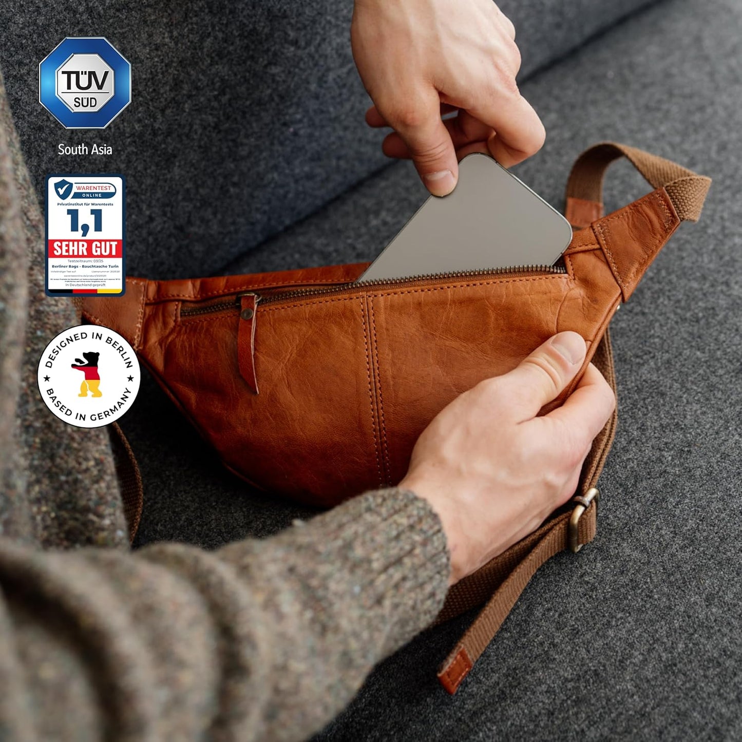 Berliner Bags Vintage Genuine Leather Fanny Pack Turin, Belt Bag, Crossbody Sling Bag for Men and Women - Brown