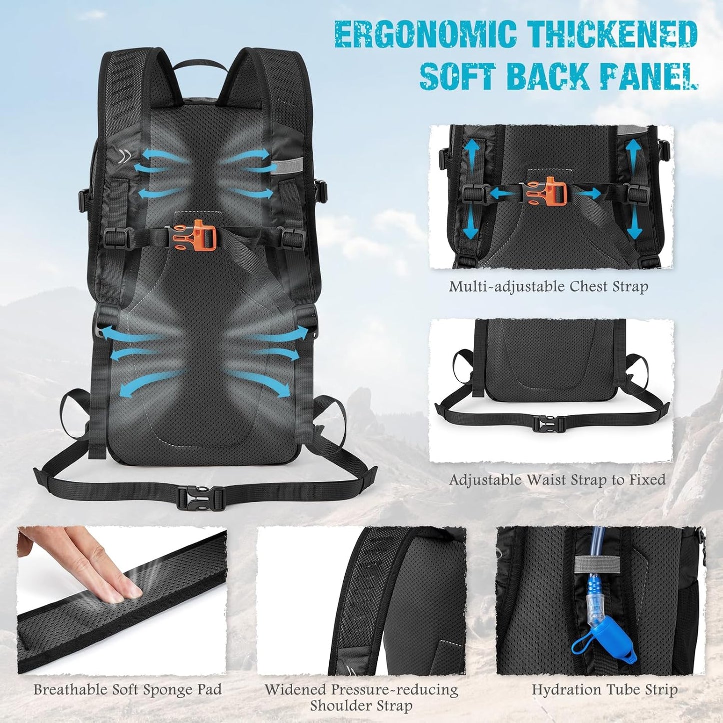G4Free Hiking Backpack with Thickened Back Panel Packable 25L Lightweight Foldable Travel Daypack for Men Women(Black)