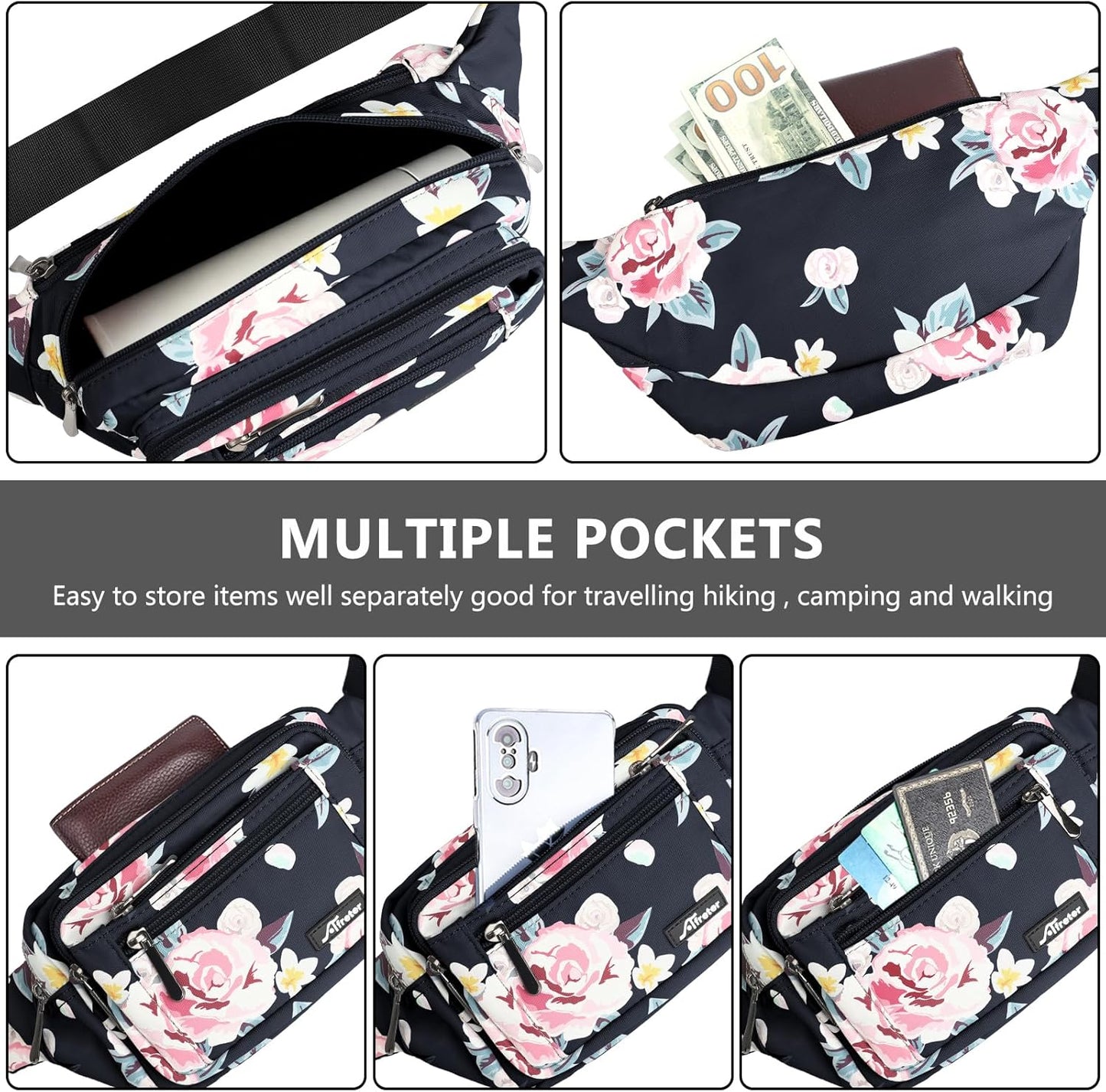 Waist Pack Bag Fanny Pack for Men&Women Hip Bum Bag with Adjustable Strap for Outdoors Workout Traveling Casual Running Hiking Cycling (New Black Flowers)