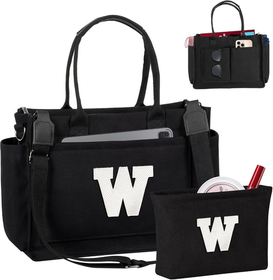 Gifts for Women Teen Girls, Initial Tote Bag with Zipper, Letter Canvas Tote Purse for College Work Laptop Beach