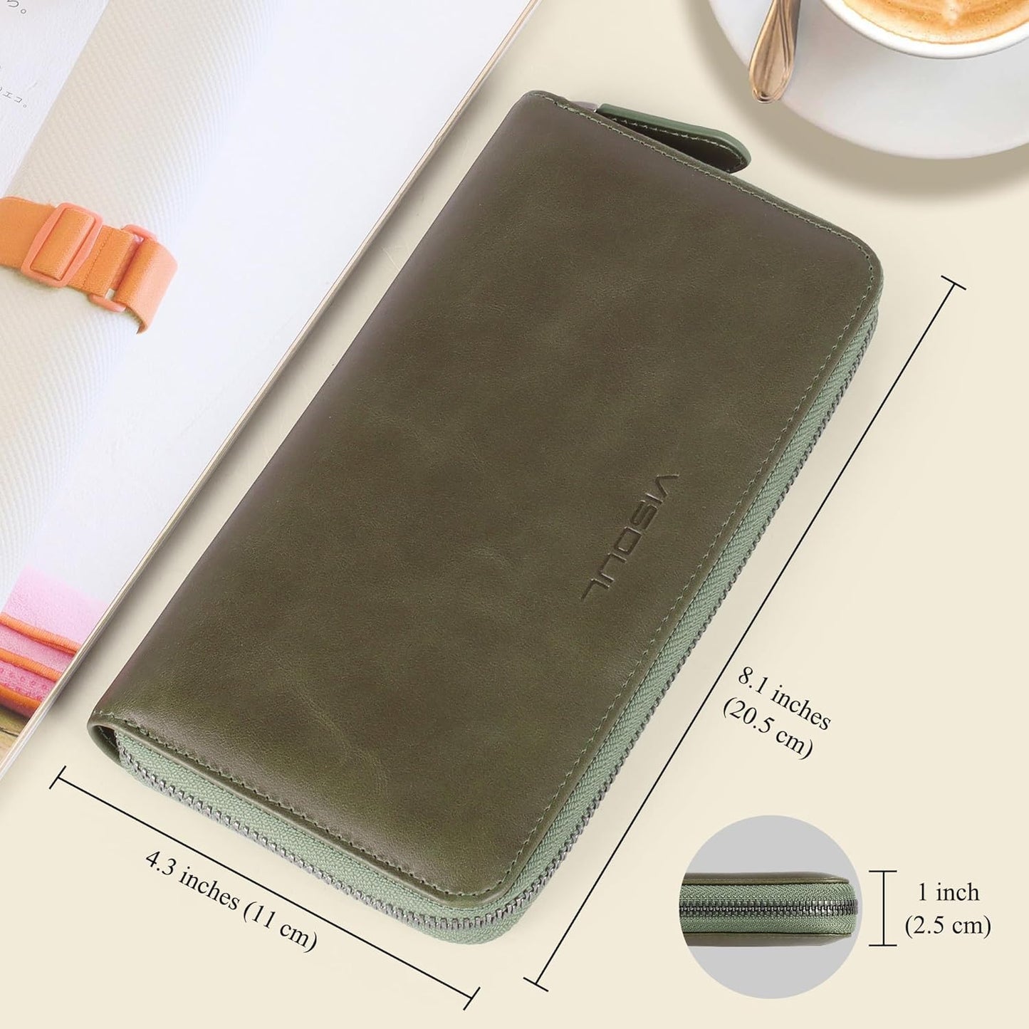 VISOUL Leather Long Zipper Pouch Wallet for Men and Women with RFID Blocking, Large Clutch Cash Long Wallet with Zipper (Olive Green)