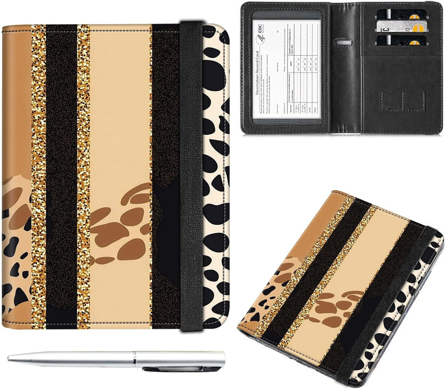 Passport and Vaccine Card Holder Cover Combo,Travel Passport Holder Wallet with RFID Blocking, Leather Vaccine Card Slot Passport Cover Case for Women & Men,Cow Pattern with Gold Foil