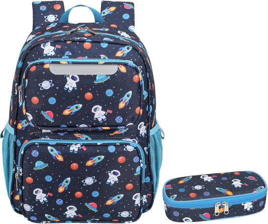 Kids Backpack with Pencil Case - 15 Inch Backpack for Boys 3 to 8, Lightweight Bookbag for Preschool Kindergarten Elementary School, Insulated Pocket, Navy Space