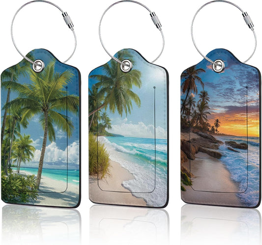 3 PCS Hawaii Summer Beach Luggage Tags,Palm Tree Suitcase Tags Privacy Cover ID Label with Stainless Steel Loop and Address Card for Travel Bag Suitcase