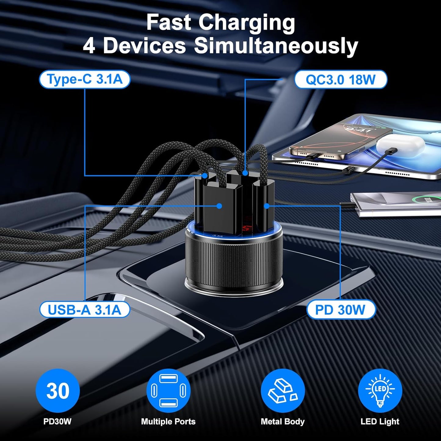 Car Charger for iPhone 17 16 15 Pro Max, Besgoods 4-Port Cigarette Lighter Adapter USB C & USB A Car Phone Charger Fast Charging Voltmeter for Galaxy S24 S23 A15 A54 Android, 6ft USB C to C Cable