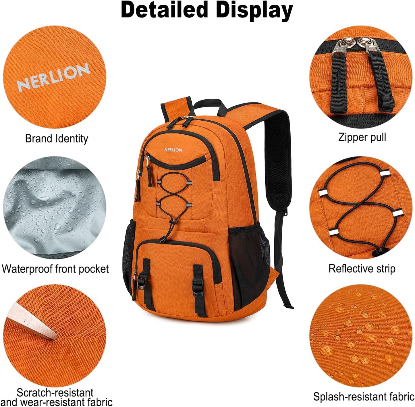 Nerlion Lightweight Foldable 35L Hiking Backpack Travel Backpack for Men Women Camping Waterproof Outdoor Hiking Daypack Backpack Orange