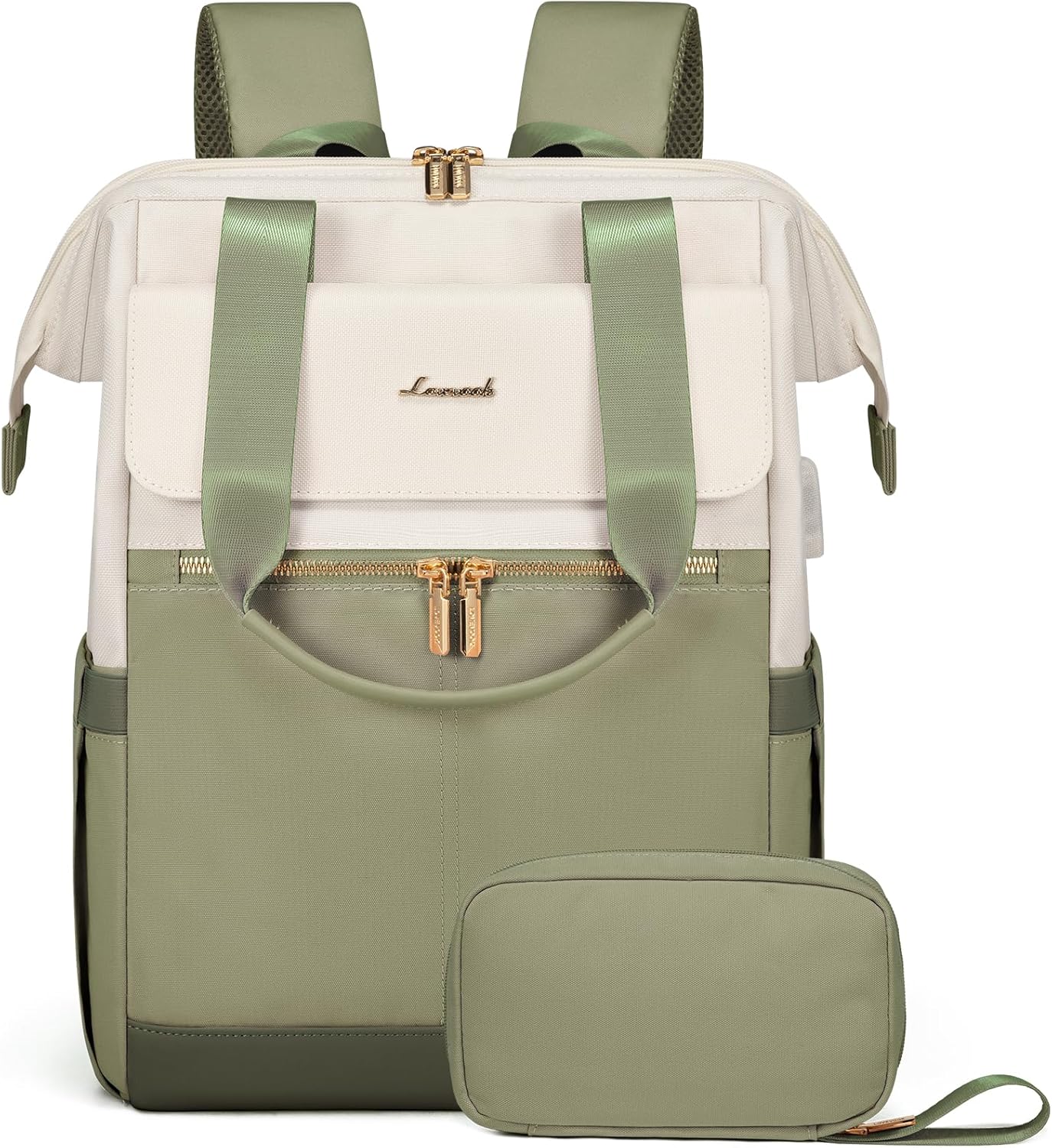 LOVEVOOK 17.3 Inch Laptop Backpack for Women, Large Capacity Travel Backpack with Organizer Bag,Waterproof Carry on Backpack Work Bag with USB Port,Teacher Nurse Backpack Purse,2PCS,Beige-Bean Green
