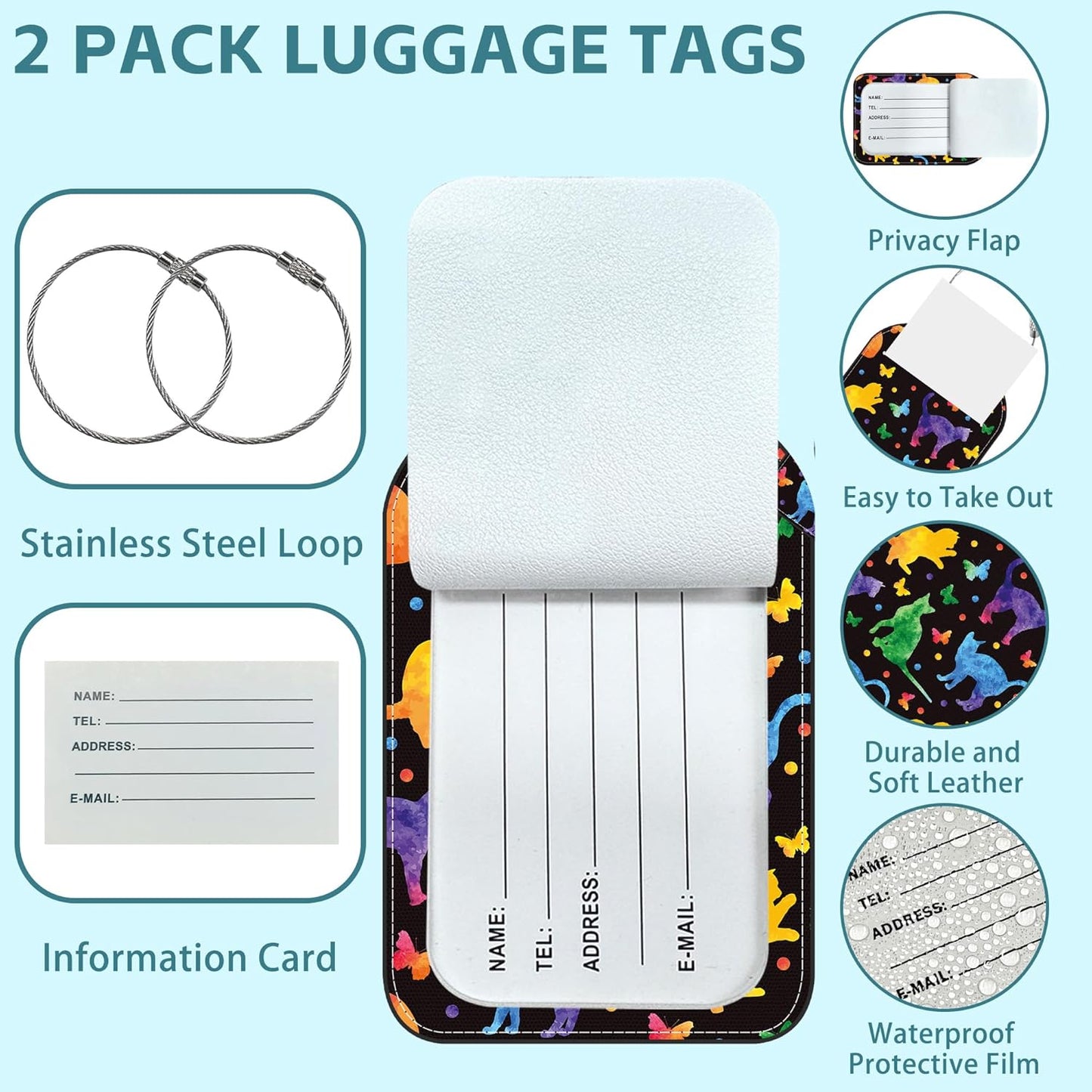 2 Pack Cute Luggage Tag for Suitcases Rainbow Cat Leather Luggage Tags with Stainless Steel Loop Privacy Flap Name Tags,Men and Women Travel Bag Suitcase Tags
