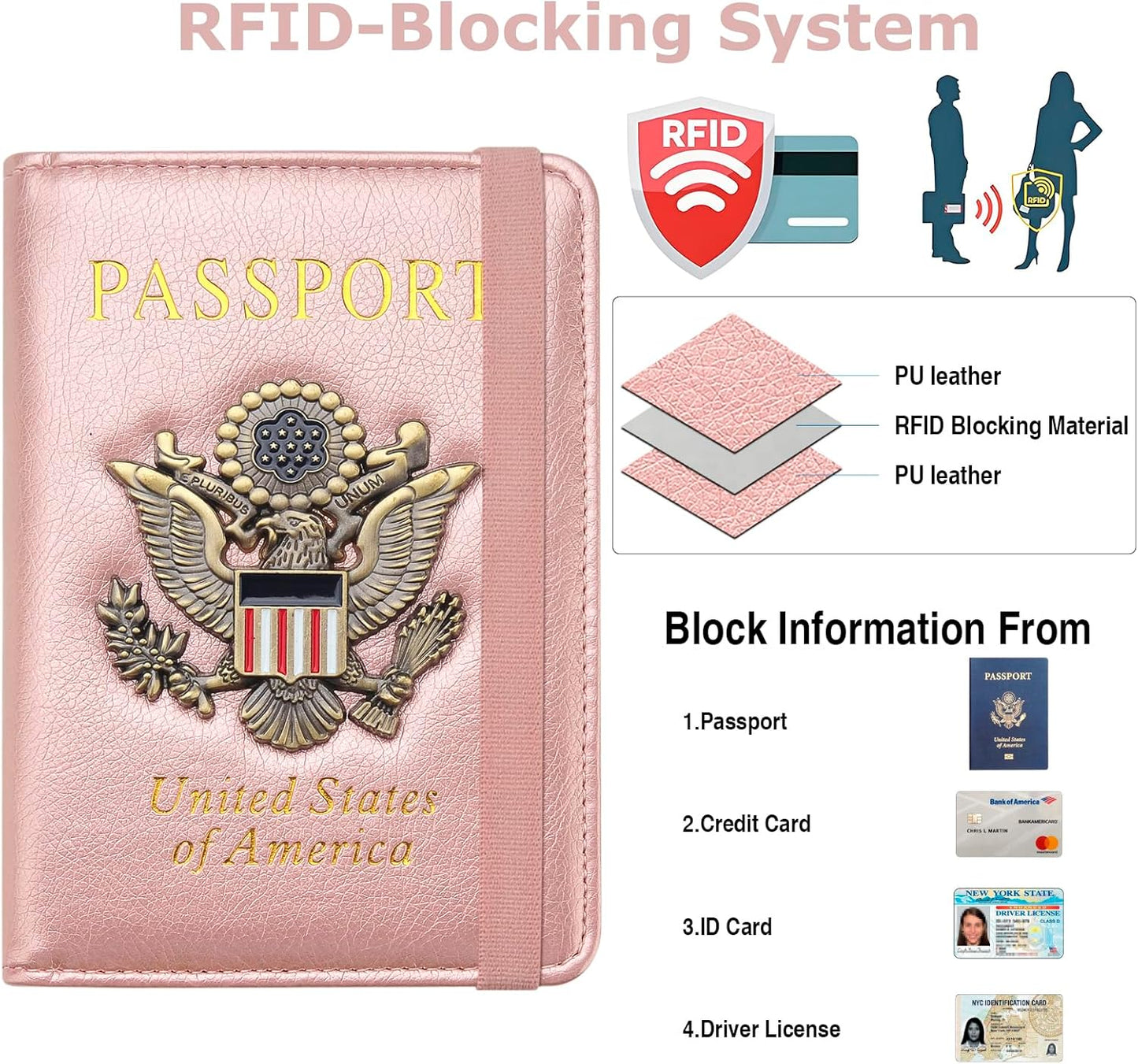 Passport Holder for Travel Passport Cover for Men Passport Wallet Case with Metal Badge Protector Leather Card Case RFID Blocking Women Travel Accessories Document Organizer (Rose Gold)