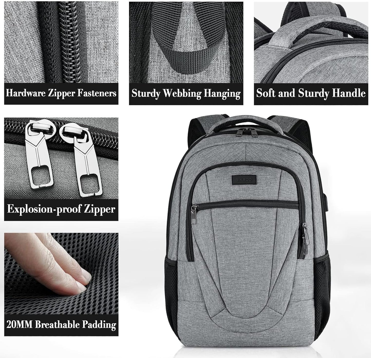BIKROD Travel Laptop Backpack for Men and Women, Backpacks for School Teen Boys, Business Anti Theft Slim Durable Back Pack with USB Charging Port, Adult Computer Bag Gift 15.6 IN Laptop, Grey
