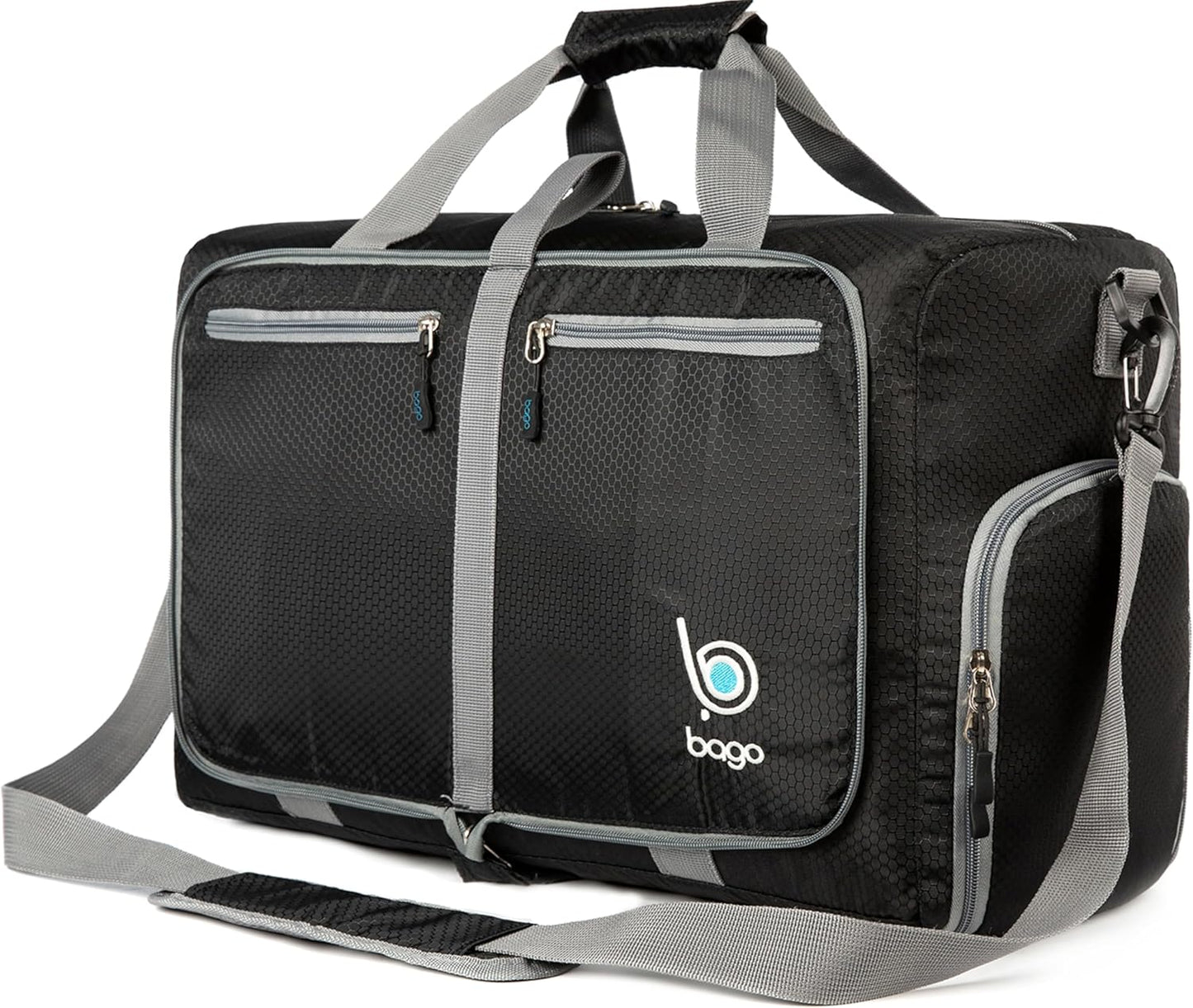 Bago Foldable Duffel Bags for Traveling Women & Men - 40L Sports Packable Duffle Bag for Travel with Shoe Compartment - Water Repellant, Heavy Duty, Lightweight Folding & Collapsible (Black)