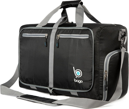 Bago Foldable Duffel Bags for Traveling Women & Men - 40L Sports Packable Duffle Bag for Travel with Shoe Compartment - Water Repellant, Heavy Duty, Lightweight Folding & Collapsible (Black)