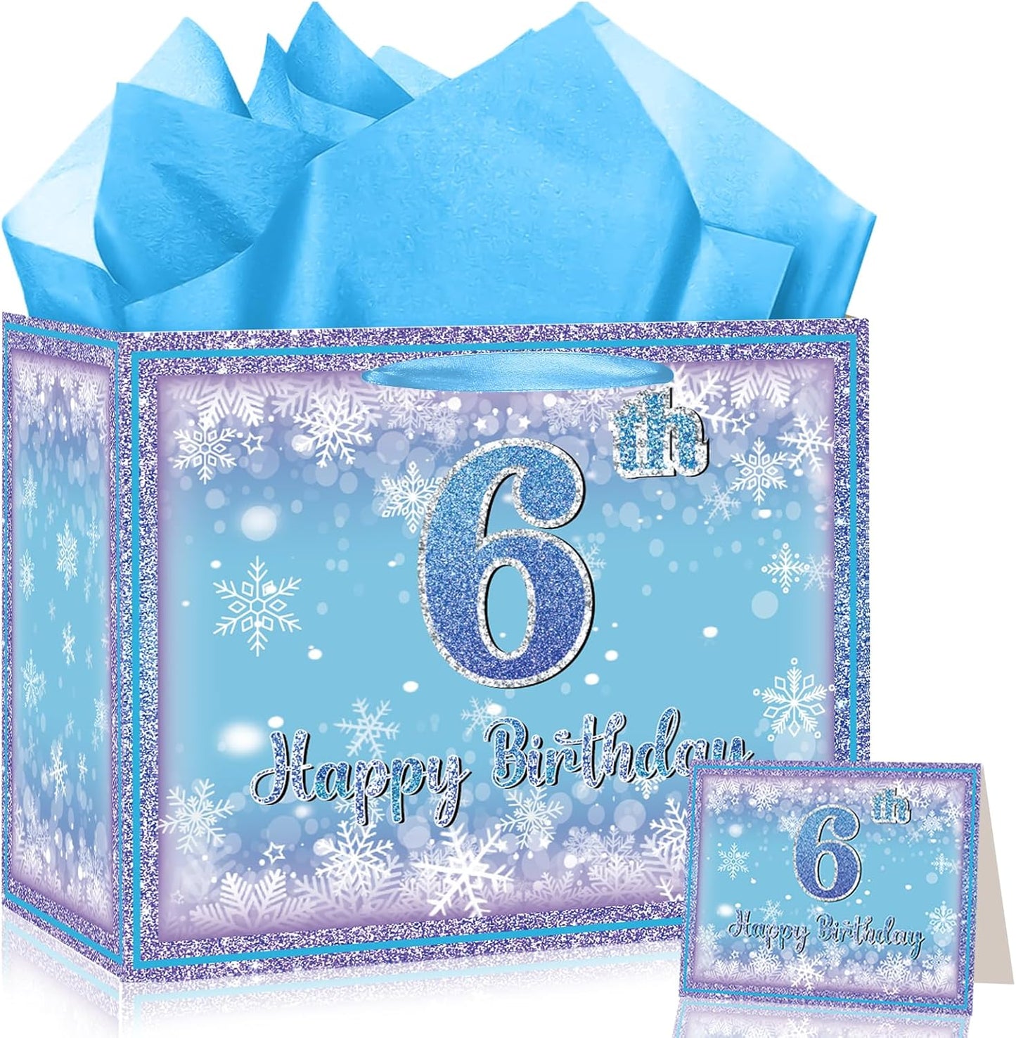 Frozen 6th Birthday Gift Bag for Girls, Large Purple Blue Snowflake Six Birthday Bags with Tissue Paper and Greeting Card Snow Frozen 6 Years Old Party Favor Bags for Girls 6th Bday Christmas Gift