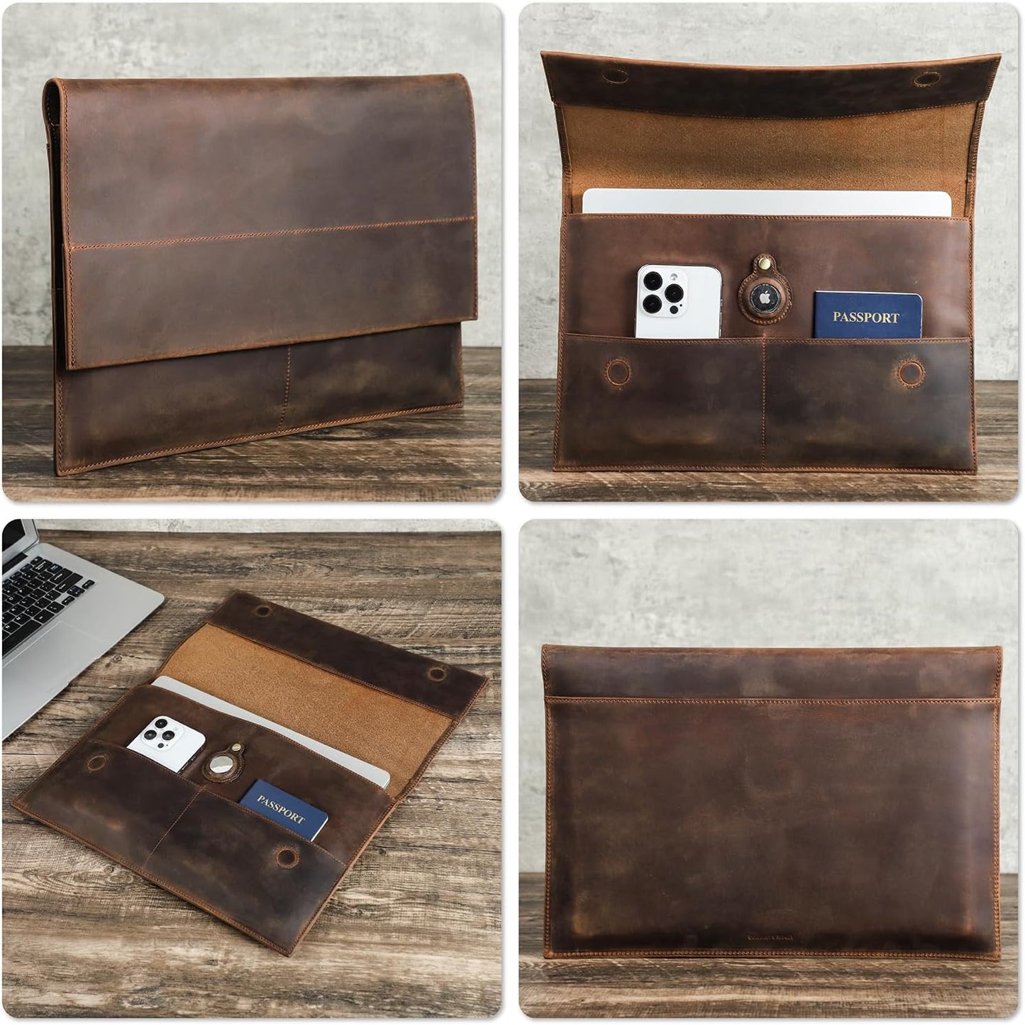 Top Grain Leather 13.3" Slim Laptop Sleeve Bag, Magnet Clasp Closure Design & 3 Pockets & Tracker Holder, Handmade, Compatible with MacBook Pro/Air 13.3"/Cellphone/Passport, Coffee 13.3 Inch