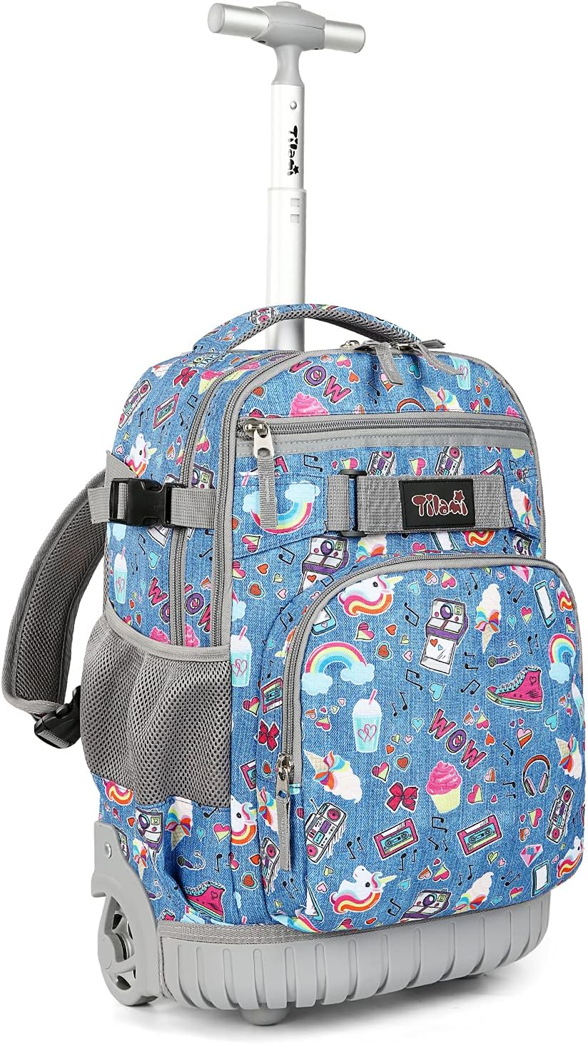 Tilami Rolling Backpack 18 inch Wheeled Backpack School College Student Travel Trip Boys and Girls