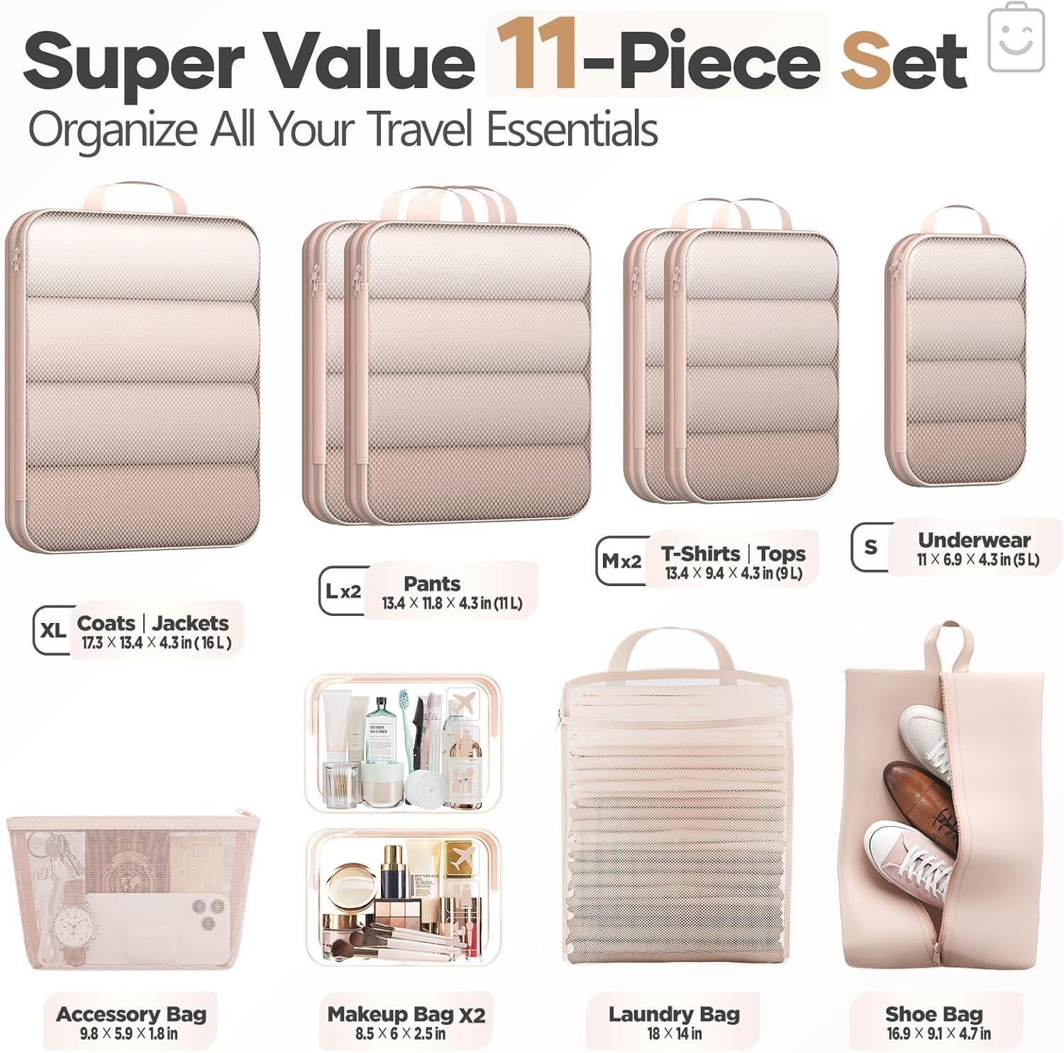 Veken 11 Set Compression Packing Cubes for Travel Essentials,Compressible Expandable Large Luggage
