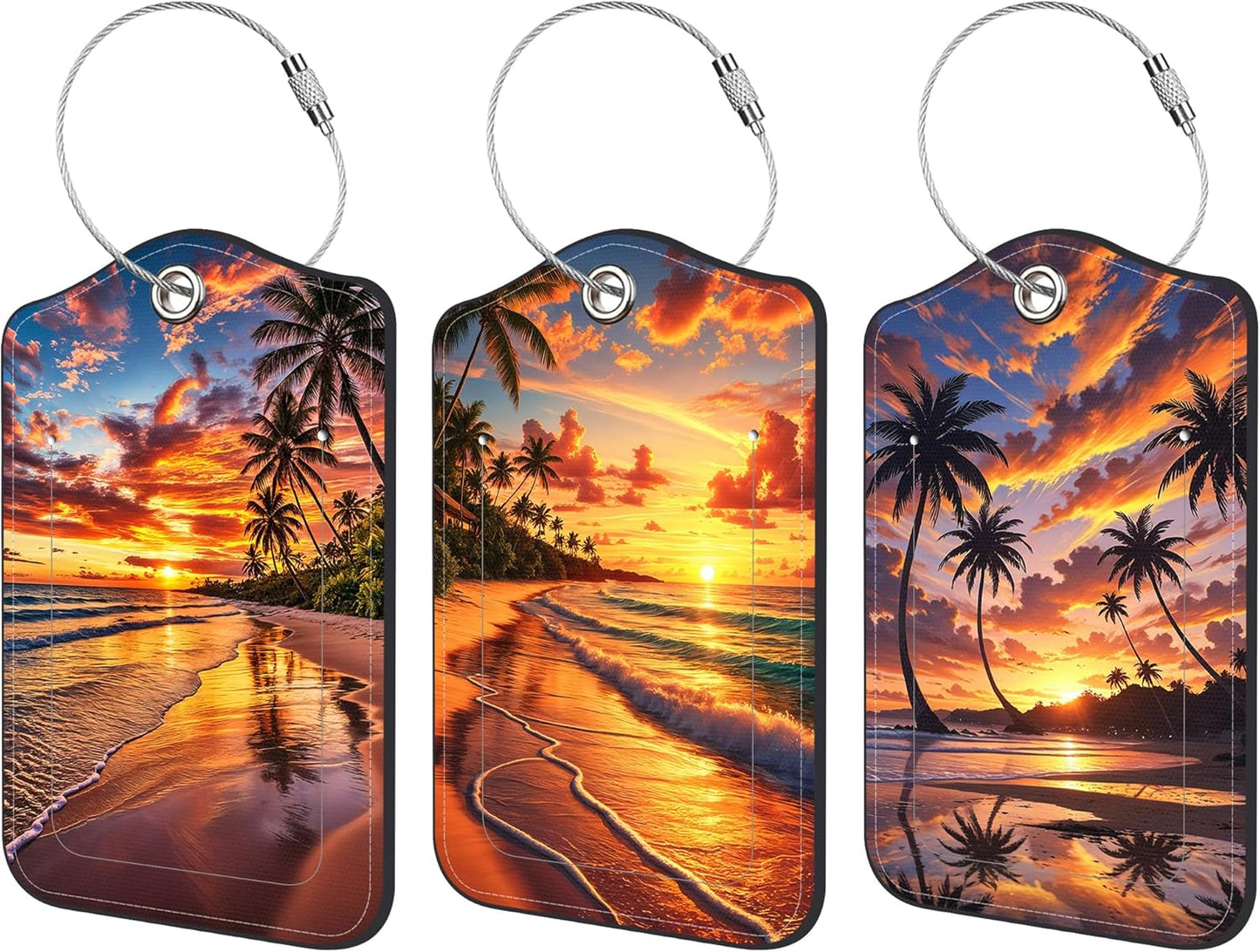 Luggage Tags for Suitcase 3 PCS Sunset Beach Coconut Trees Leather Travel Luggage Tag with Stainless Steel Loop Name ID Label Privacy Cover for Women Men Travel
