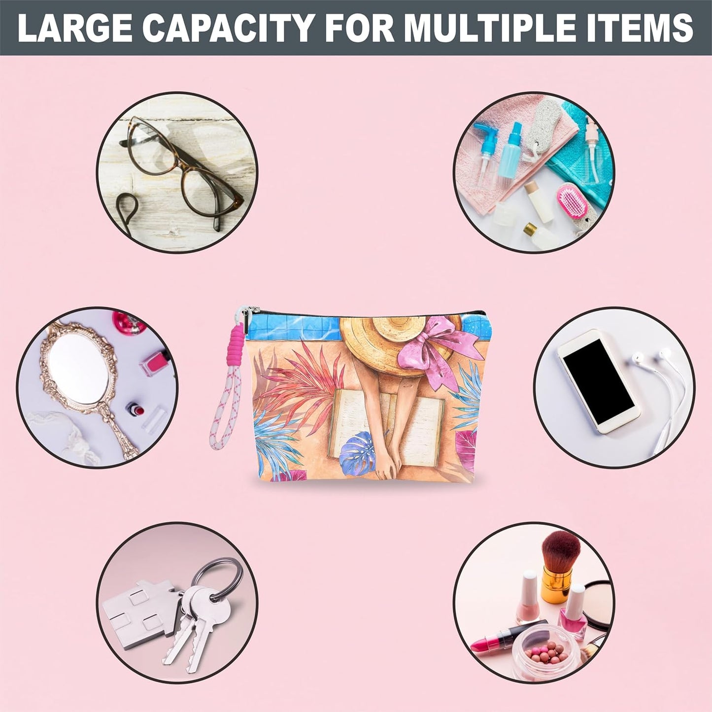 Make Up Bag For Woman, Cosmetic Bag With Hand Strap- Summer Reading Girl - Lined Toiletry Bag For Woman - Travel Pouch, Beach Organizer With Zipper, Women Essentials & Accessories - A13