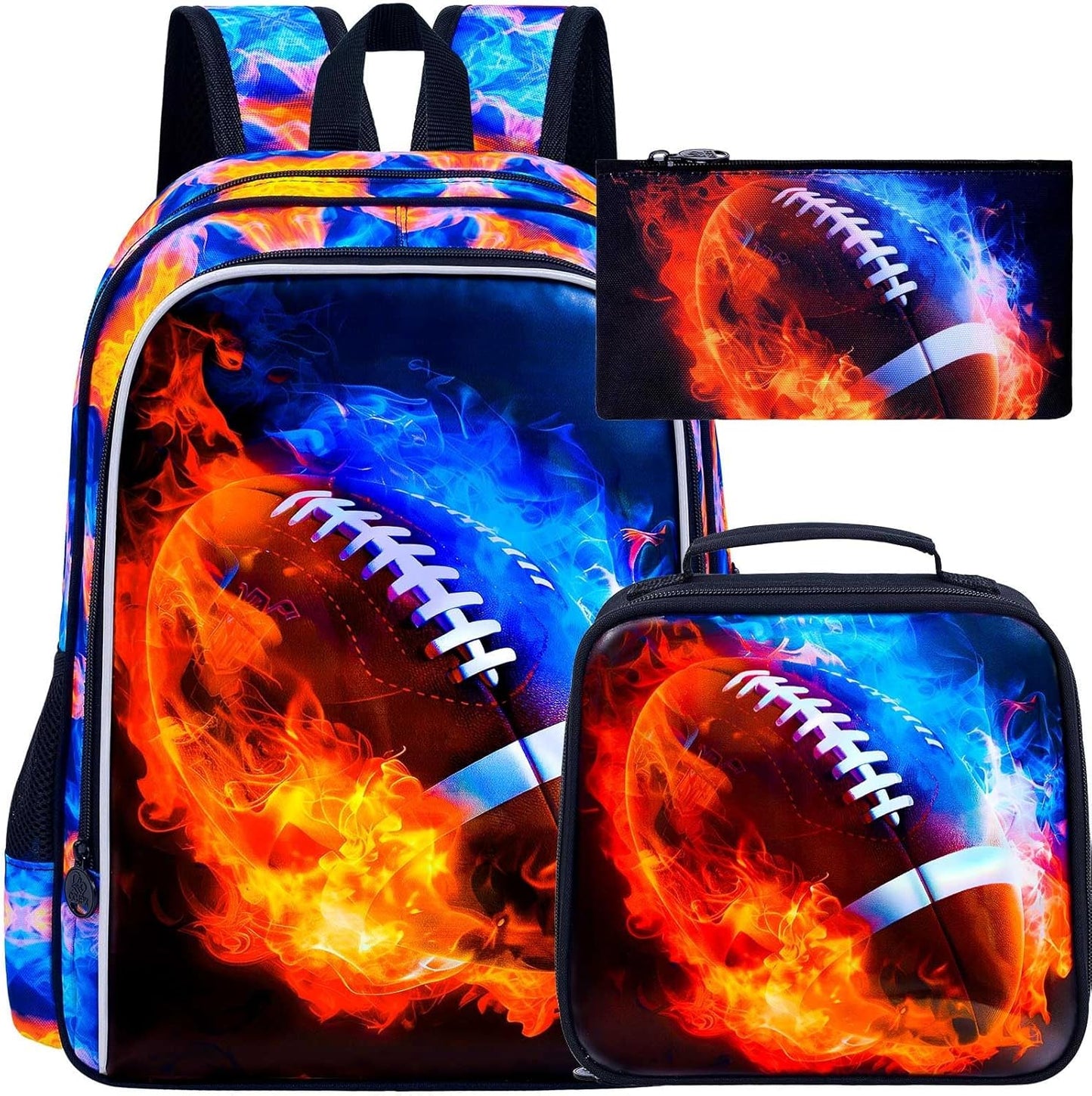 UFNDC 3PCS Kids Rugby Backpack, Boys Fire Bookbag with Lunch Box, 17" Water Resistant School Bag