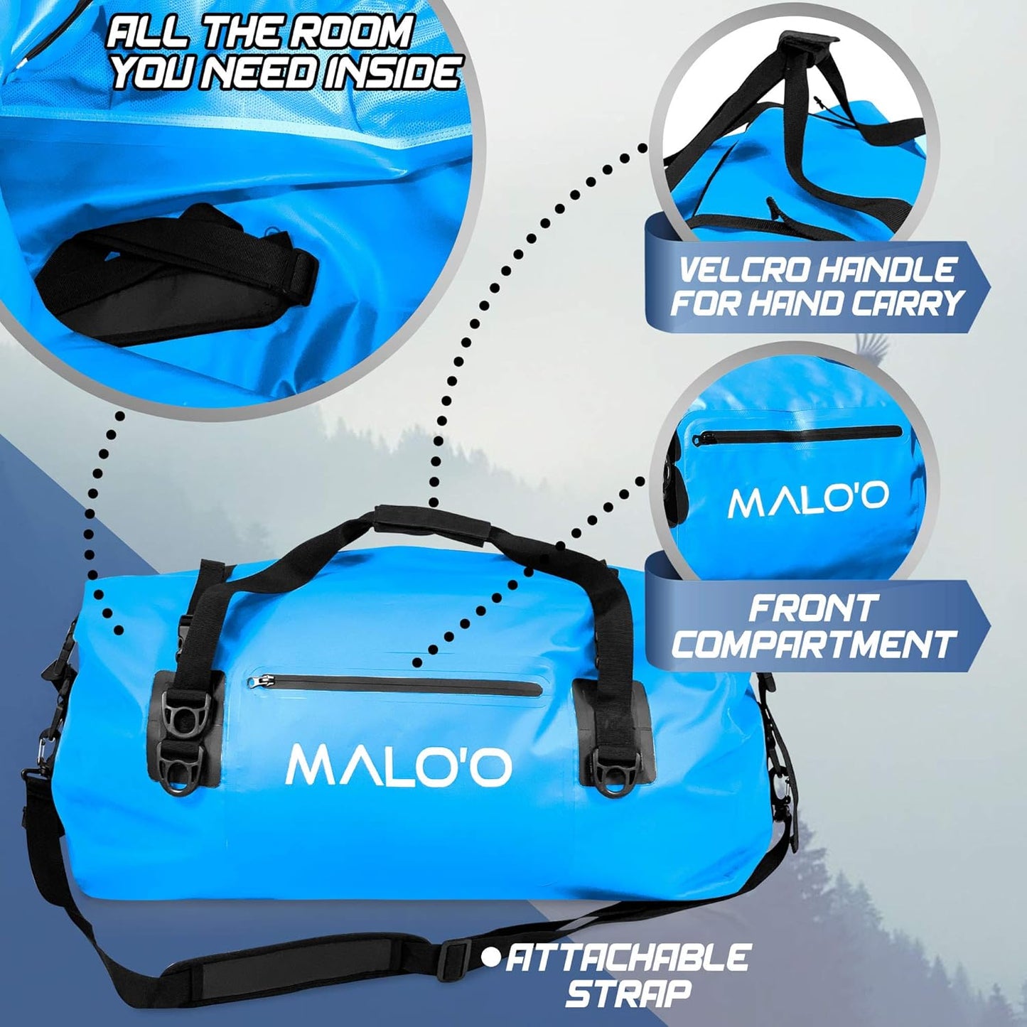 Malo’o Waterproof Dry Duffel, Heavy-Duty Roll Top Waterproof Gear Bag with Shoulder Strap & Molle Loops, Marine Duffel for Kayaking, Boating, Camping, Beach & Travel, Blue, 60L