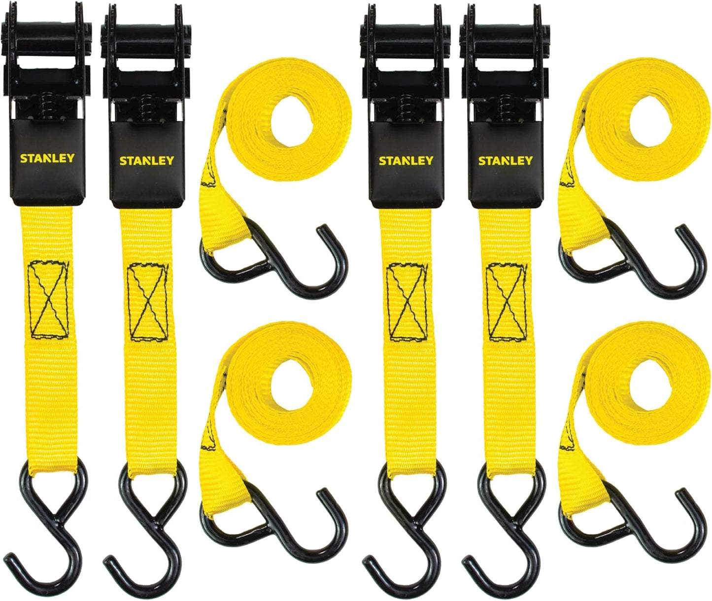 STANLEY S9500 Black/Yellow 1" x 10' Ratchet Straps - Light Cargo (300 lb Working Load / 900 lb Break Strength), (Pack of 24)